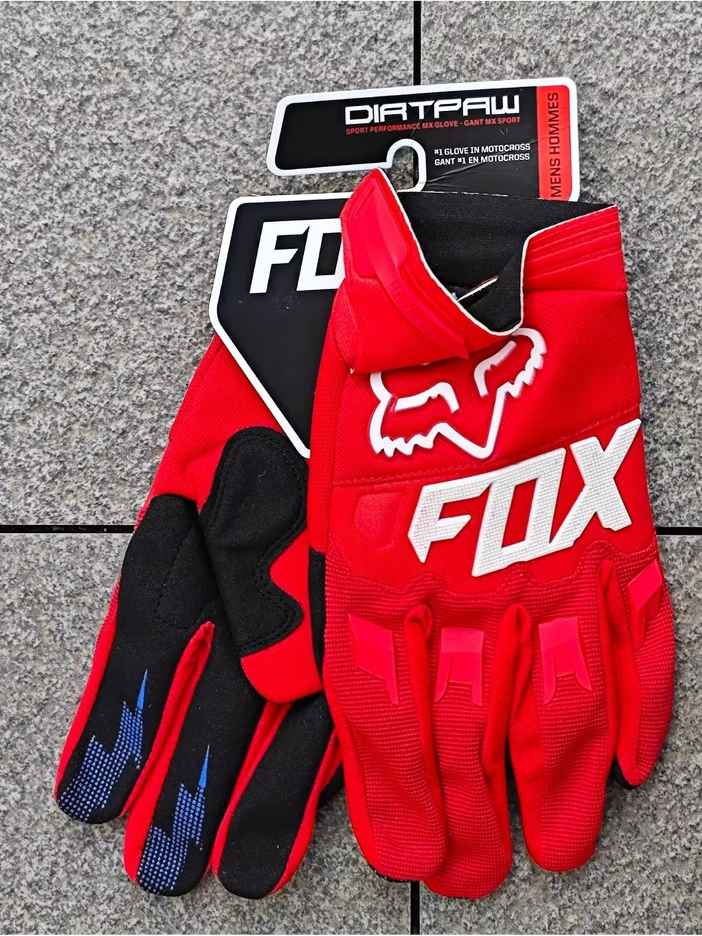 Fox DirtPaw Motocross Gloves Red with Black Palms and Blue Fingertip Accents
